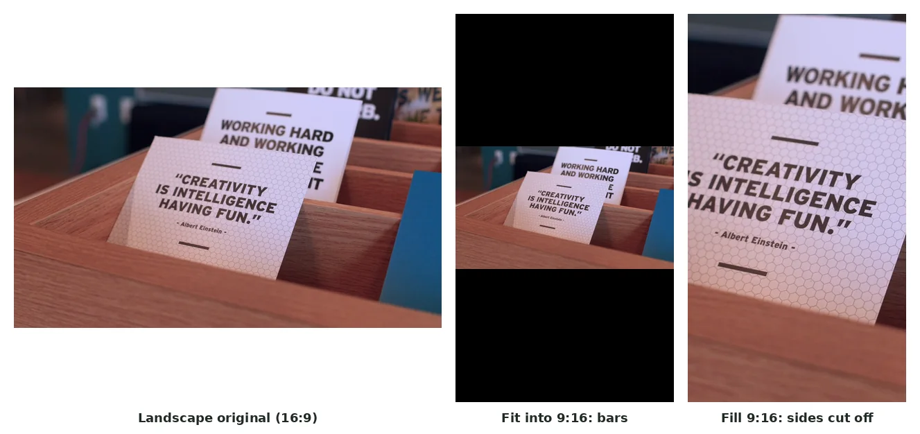 A 16:9 frame of printed cards, then the same frame fitted into a 9:16 vertical frame with large black bars, and cropped to fill 9:16 with both sides cut off