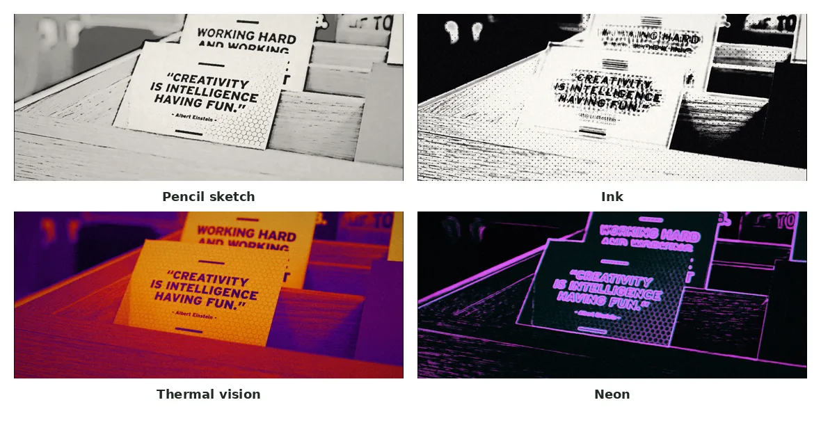One paused video frame of printed cards rendered by four fragment shaders: pencil sketch, ink, thermal vision and neon