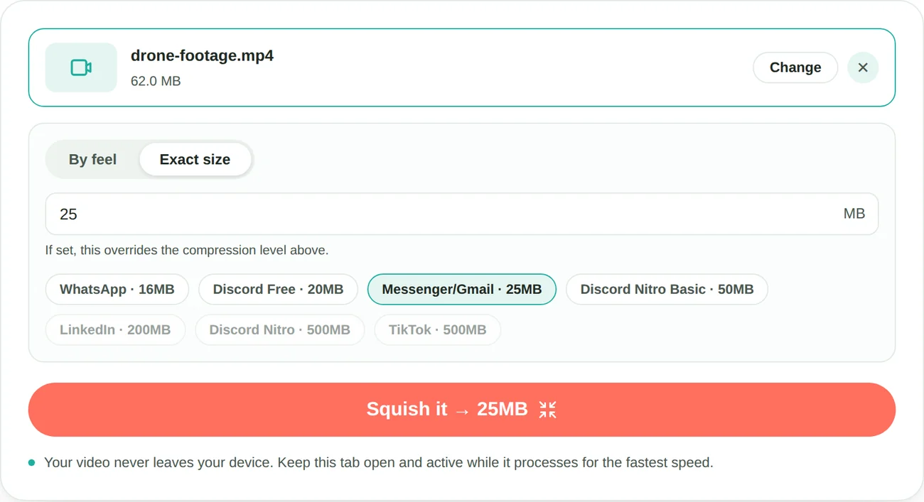 SquishyFile compressor with a 62 MB video loaded, Exact size mode selected, 25 typed into the MB field and presets for WhatsApp, Discord and Gmail